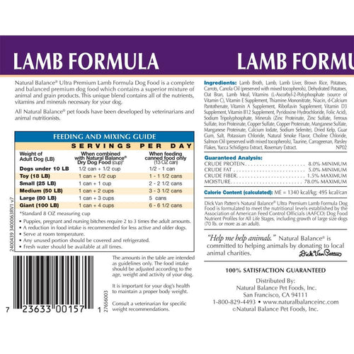 Natural Balance Ultra Premium Lamb Formula Canned Dog Food